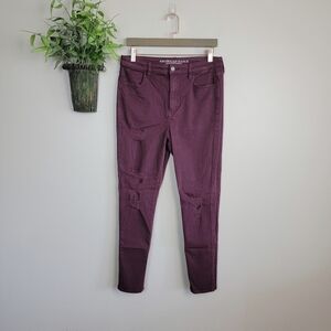 AE 10 Super Hi Rise Jegging Distressed Skinny Burgundy Jeans American Eagle Y2K